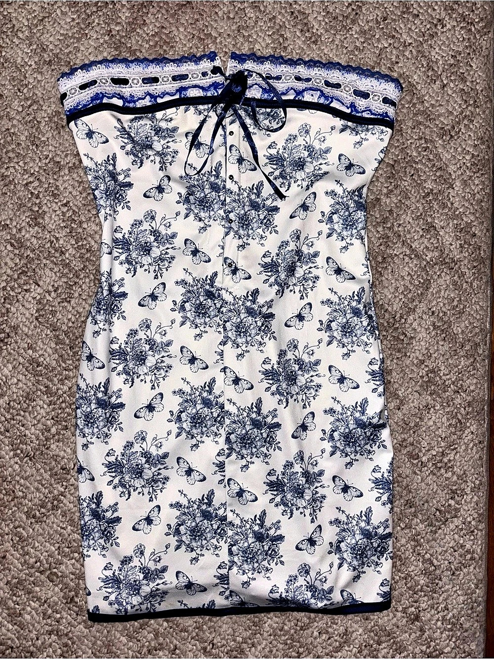 Butterfly Bouquet Floral Tube Short Dress in White & Blue
